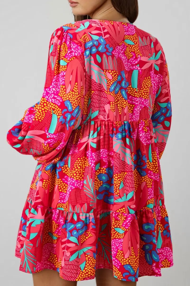Rose Tropical Printed Lantern Sleeve V Neck Ruffled Plus Size Mini Dress - Love Salve